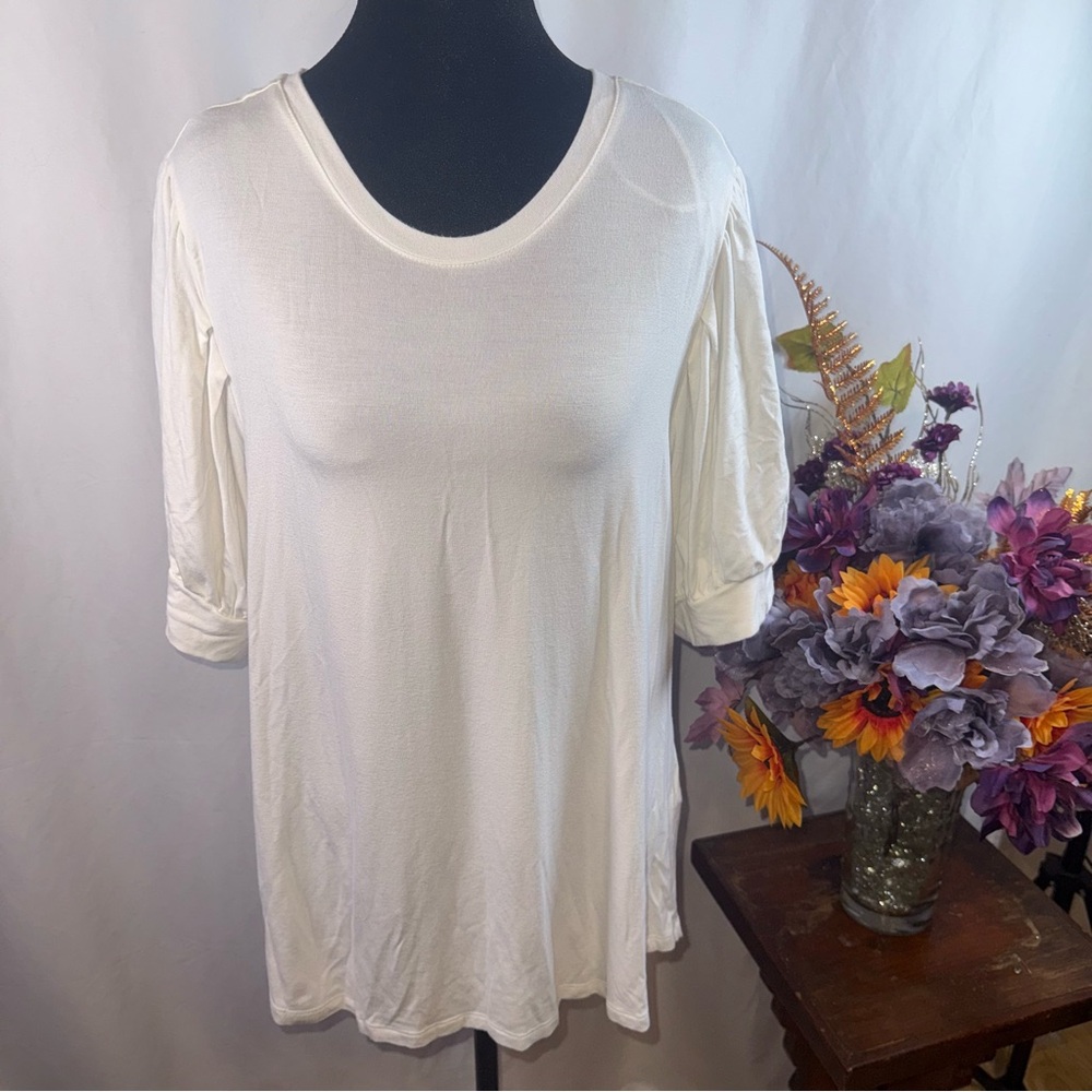 Tahari Cream Ruched Sleeve Top XL Soft Stretch Minimal Chic Blouse